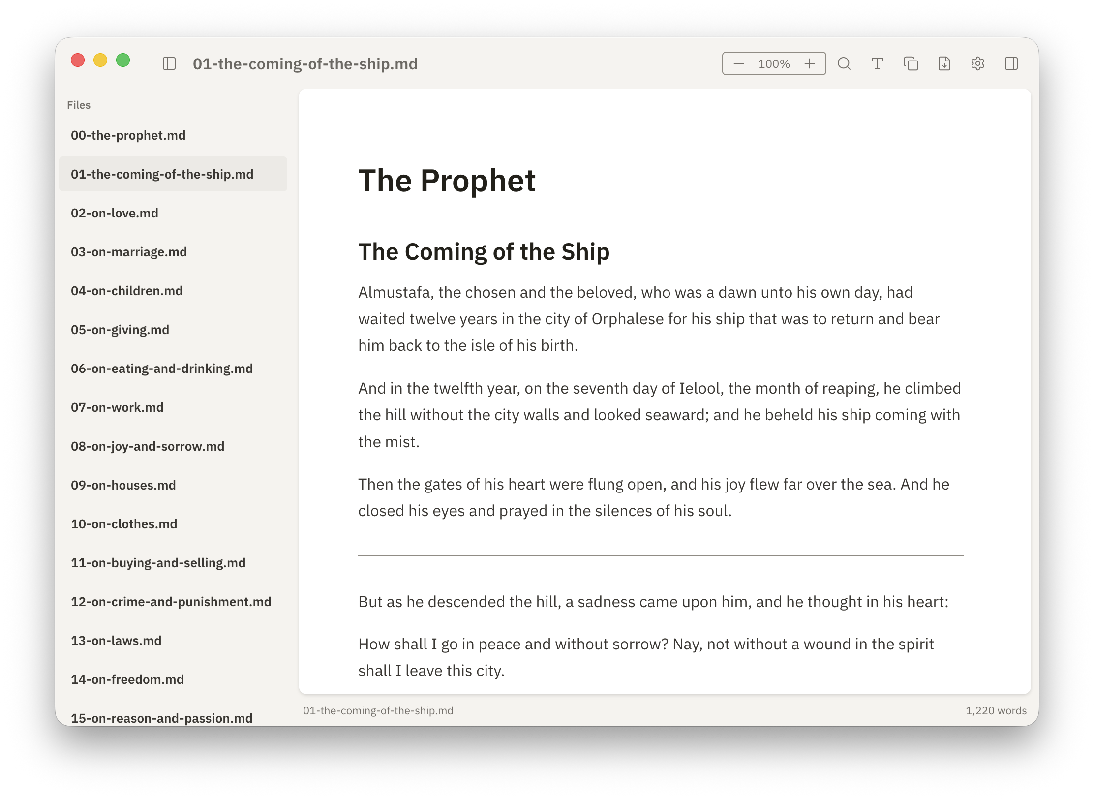 Emdy rendering a Markdown document with sidebar navigation, toolbar, and content area
