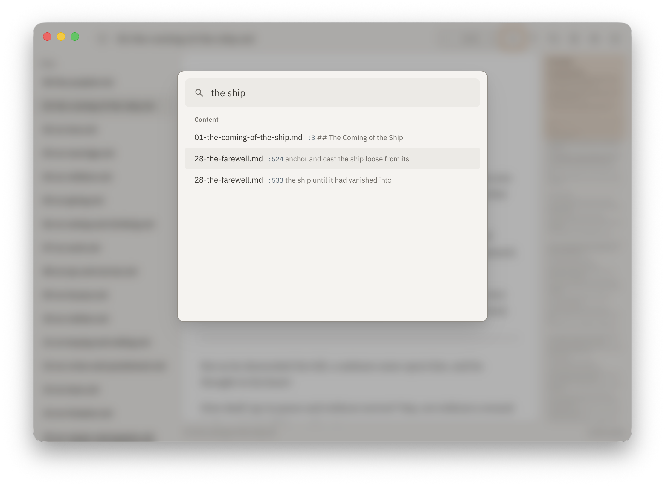 Emdy command palette searching across file names and content